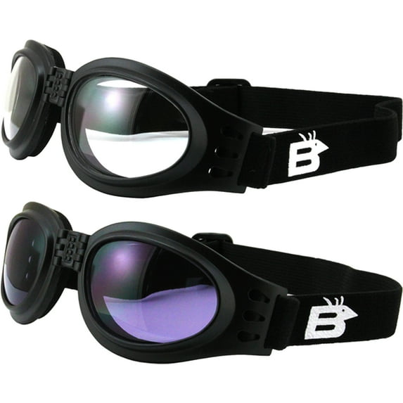2 Pairs of Birdz Eyewear Parrot Black Folding Padded Motorcycle Goggles Clear & Purple Lenses for Men & Women