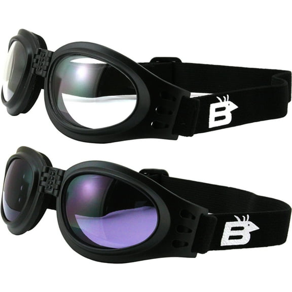 2 Pairs of Birdz Eyewear Parrot Black Folding Padded Motorcycle Goggles Clear & Purple Lenses for Men & Women