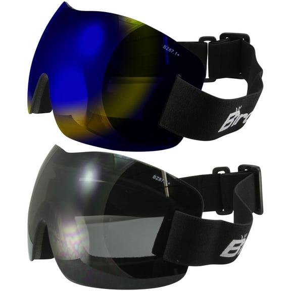 Birdz Eyewear Starling Frameless Skydiving Motorcycle Goggles 2 Pairs with Smoke & Blue Mirror ReflecTech Lenses