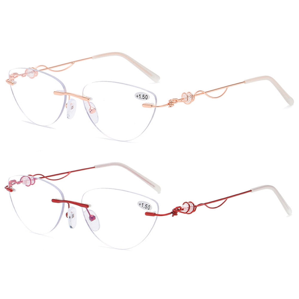 2 Pairs of Cat Eye Frameless Diamond Blue Light Blocking Reading Glasses 3.50 for Women Rimless Presbyopic Glasses Metal Lightweight Readers +3.5