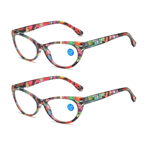 2 Pairs of Cat Eye Red Floral Print Reading Glasses Blue Light Blocking Ladies Readers Spring Hinge Presbyopia Glasses +1.50 for Women