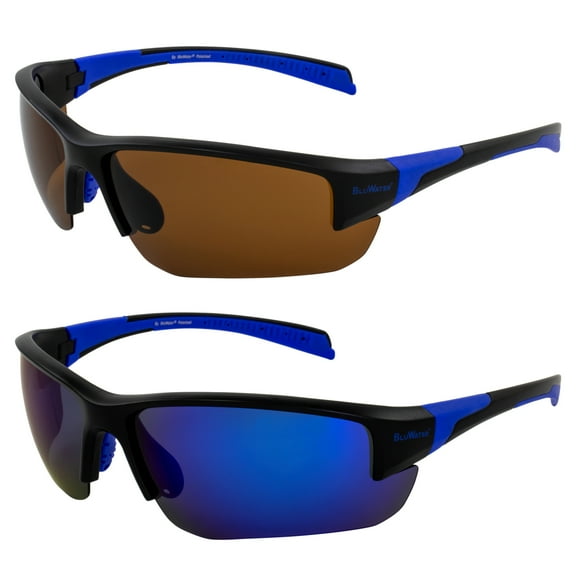 2 Pairs of Global Vision BluWater Polarized Samson 3 Boating Watersports & Fishing Sunglasses Black Frame w/ Brown & Blue Mirror Lenses