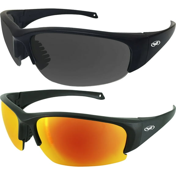 2 Pairs of Global Vision Eyewear Eyedol Motorcycle Safety Sunglasses Black Frames Smoke + G Tech Red Mirror Lenses