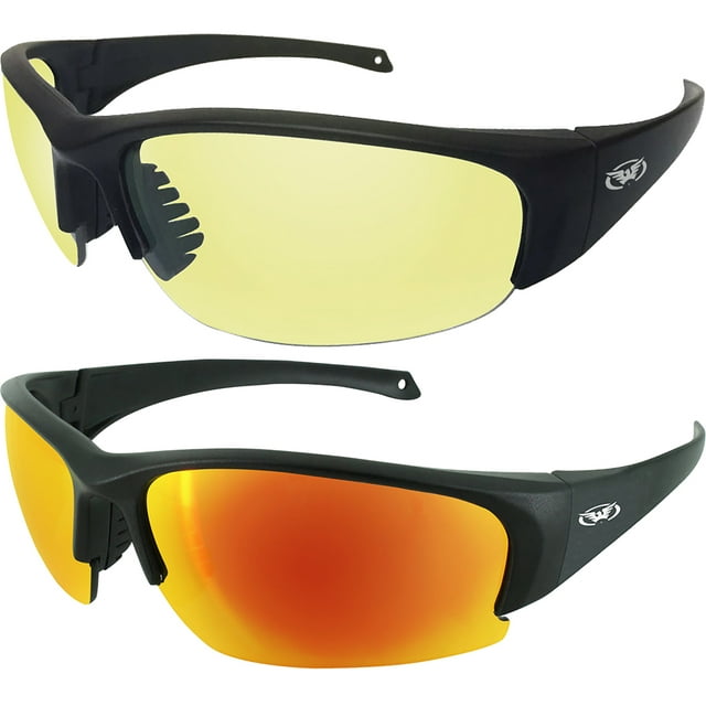 2 Pairs of Global Vision Eyewear Eyedol Motorcycle Safety Sunglasses Black Frames Yellow + G Tech Red Mirror Lenses