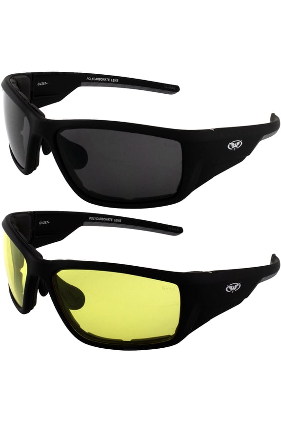 Eyewear Kinetic Foam Padded Motorcycle Safety Sunglasses 2 Pair Soft Touch Black Frames with Smoke & Yellow Lenses