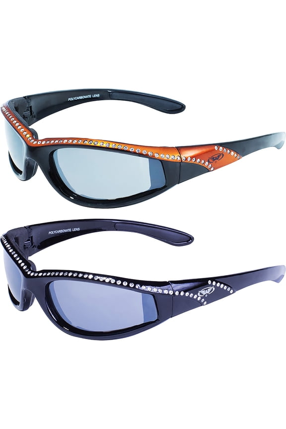 2 Pairs of Global Vision Eyewear Marilyn 11 Women's Bling Black Motorcycle Sunglasses Black + Orange Stripe Frames Flash Mirror Lenses