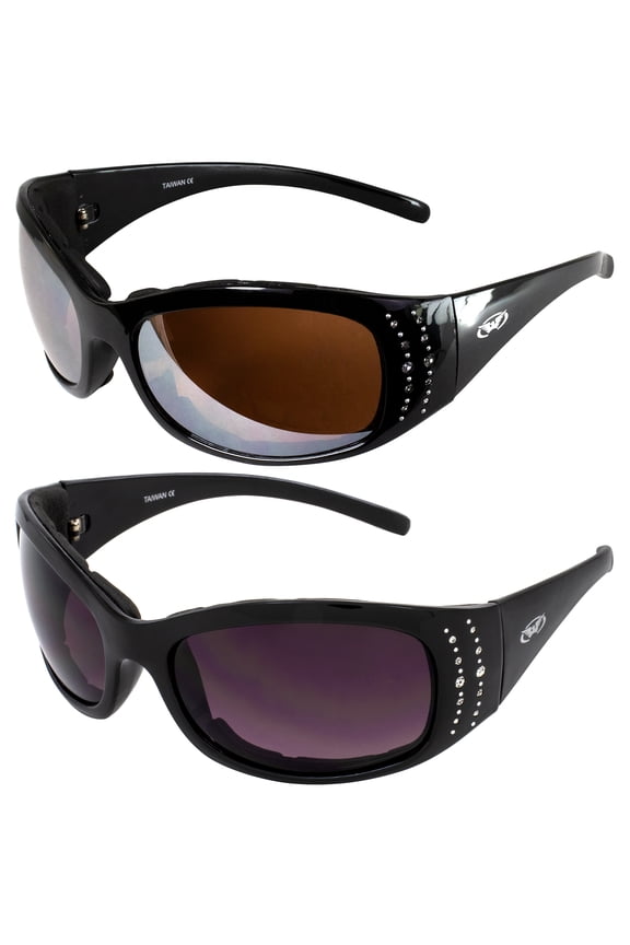 Marilyn-2 Plus Women's Padded Motorcycle Riding Sunglasses Bling 2 Pair Black Frames with Driving Mirror & Smoke Lenses