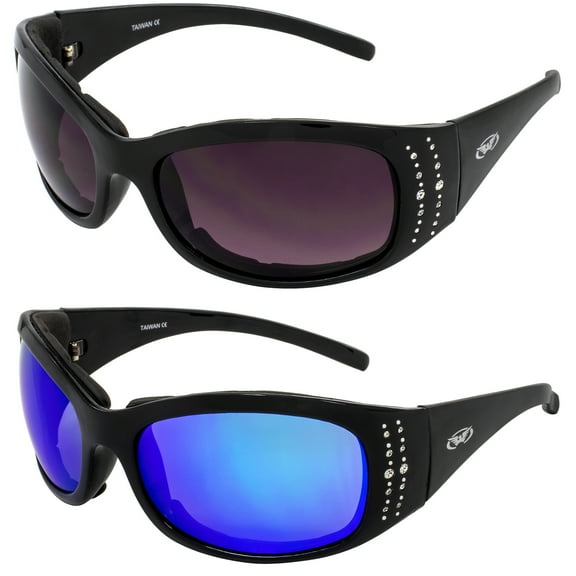 2 Pairs of Global Vision Marilyn-2 Plus Women's Padded Motorcycle Riding Sunglasses Bling Black with Blue Mirror & Smoke Lenses