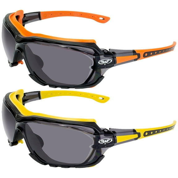 2 Pairs of Global Vision Octane Padded Safety Glasses Orange and Yellow Gaskets Smoke Lens