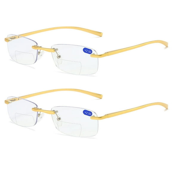 2 Pairs of Gold Frameless Business Reading Glasses Ultralight Aluminum Magnesium Bifocal Anti-Blue Light Spring Hinge Rimless Readers +2.50