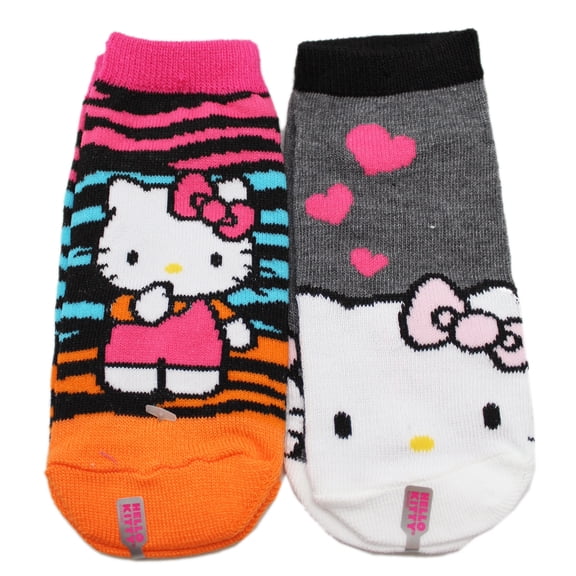 2 Pairs of Hello Kitty Black Color Striped and Gray Heart Kids Socks Size 6-8.5