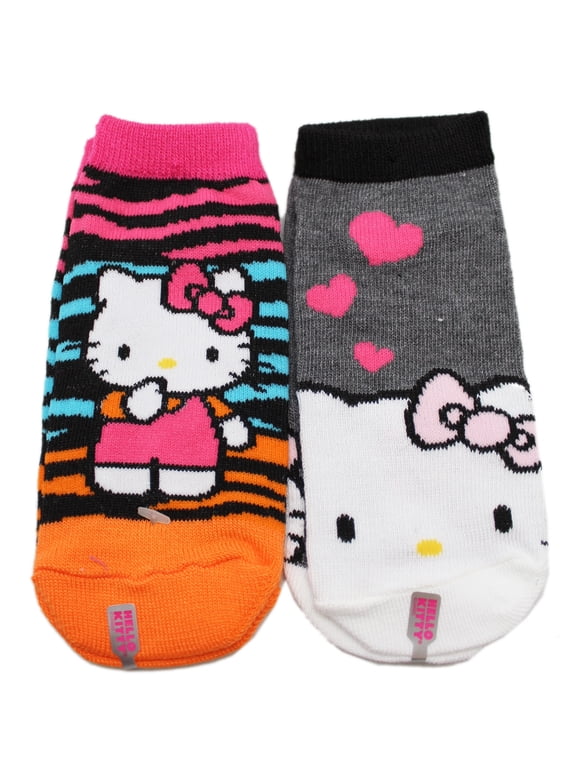 2 Pairs of Hello Kitty Black Color Striped and Gray Heart Kids Socks Size 6-8.5