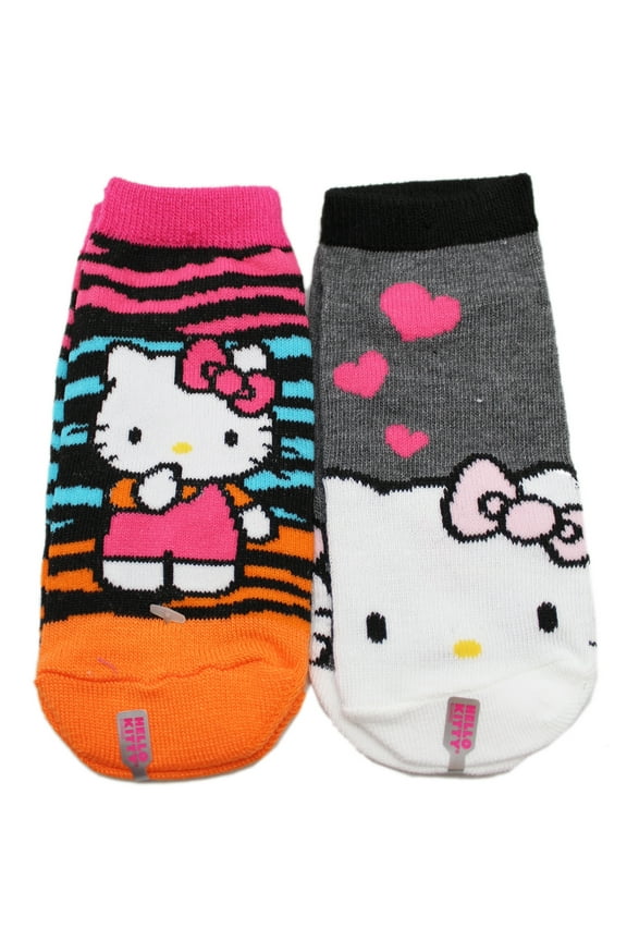 2 Pairs of Hello Kitty Black Color Striped and Gray Heart Kids Socks Size 6-8.5
