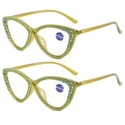 2 Pairs of Ladies Handmade Diamond Reading Glasses 1.50 Women Green Frame Elegant Anti-blue Light Cat Eye Readers +1.50 Strength