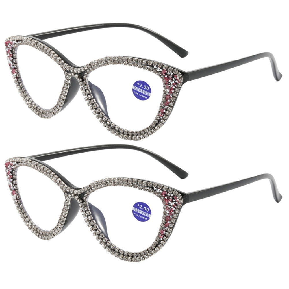 2 Pairs of Ladies Handmade Diamond Reading Glasses 2.00 Women Black Frame Elegant Anti-blue Light Cat Eye Readers +2.00 Strength
