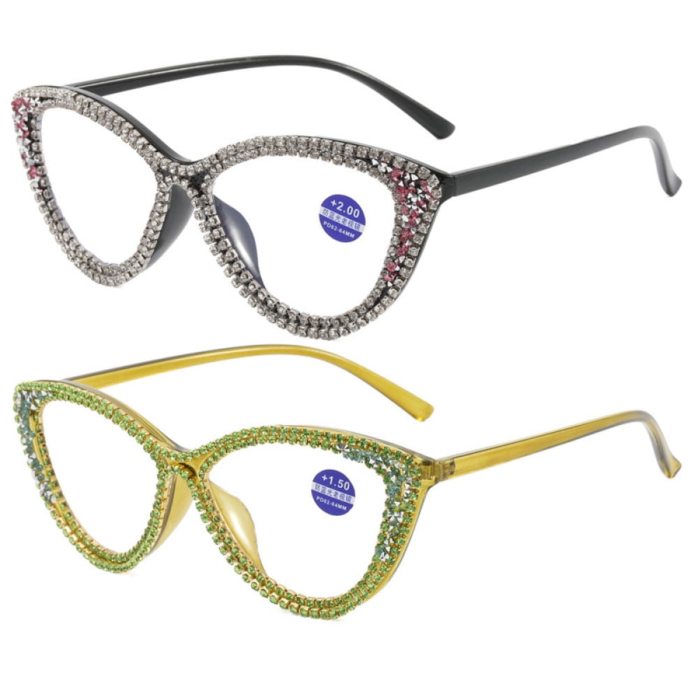 2 Pairs of Ladies Handmade Diamond Reading Glasses 2.50 Women Elegant Anti-blue Light Cat Eye Readers +2.50 Strength