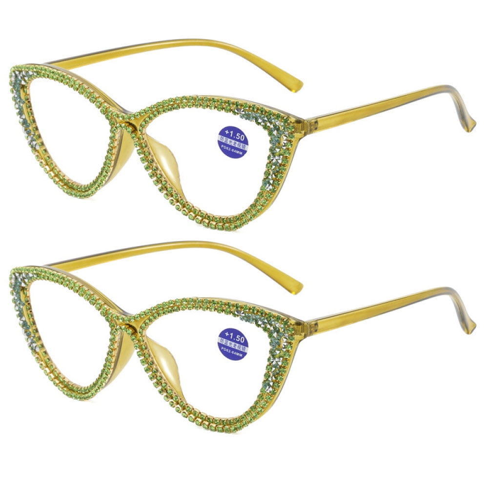 2 Pairs of Ladies Handmade Diamond Reading Glasses 4.00 Women Green Frame Elegant Anti-blue Light Cat Eye Readers +4.00 Strength