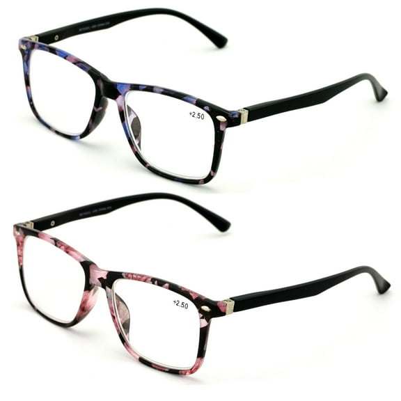 2 Pairs of Large Female Reading Glasses - Pink and Purple Floral Wide Fitment Readers.