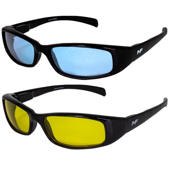2 Pairs of MF Eyewear Bad Attitude Cool Wraparound Motorcycle Sunglasses Black Frames with Blue & Yellow Lenses
