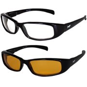 2 Pairs of MF Eyewear Bad Attitude Cool Wraparound Motorcycle Sunglasses Black Frames with Clear & Orange Lenses