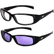 2 Pairs of MF Eyewear Bad Attitude Cool Wraparound Motorcycle Sunglasses Black Frames with Clear & Purple Lenses