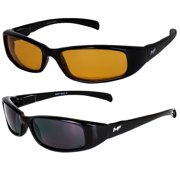 2 Pairs of MF Eyewear Bad Attitude Cool Wraparound Motorcycle Sunglasses Black Frames with Orange & Super Dark Lenses