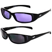 2 Pairs of MF Eyewear Bad Attitude Cool Wraparound Motorcycle Sunglasses Black Frames with Purple & Super Dark Lenses