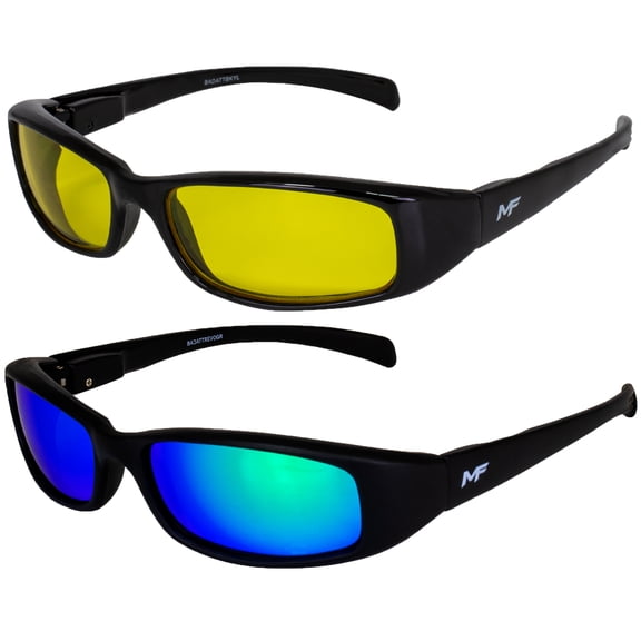 2 Pairs of MF Eyewear Bad Attitude Cool Wraparound Motorcycle Sunglasses Black Frames with Yellow & Green Mirror Lenses