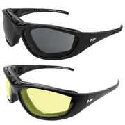 2 Pairs of MF Eyewear Patriot Padded Motorcycle Riding Safety Glasses Black w/Smoke & Yellow Lenses Z78.1+ Glasses Convert to Goggles
