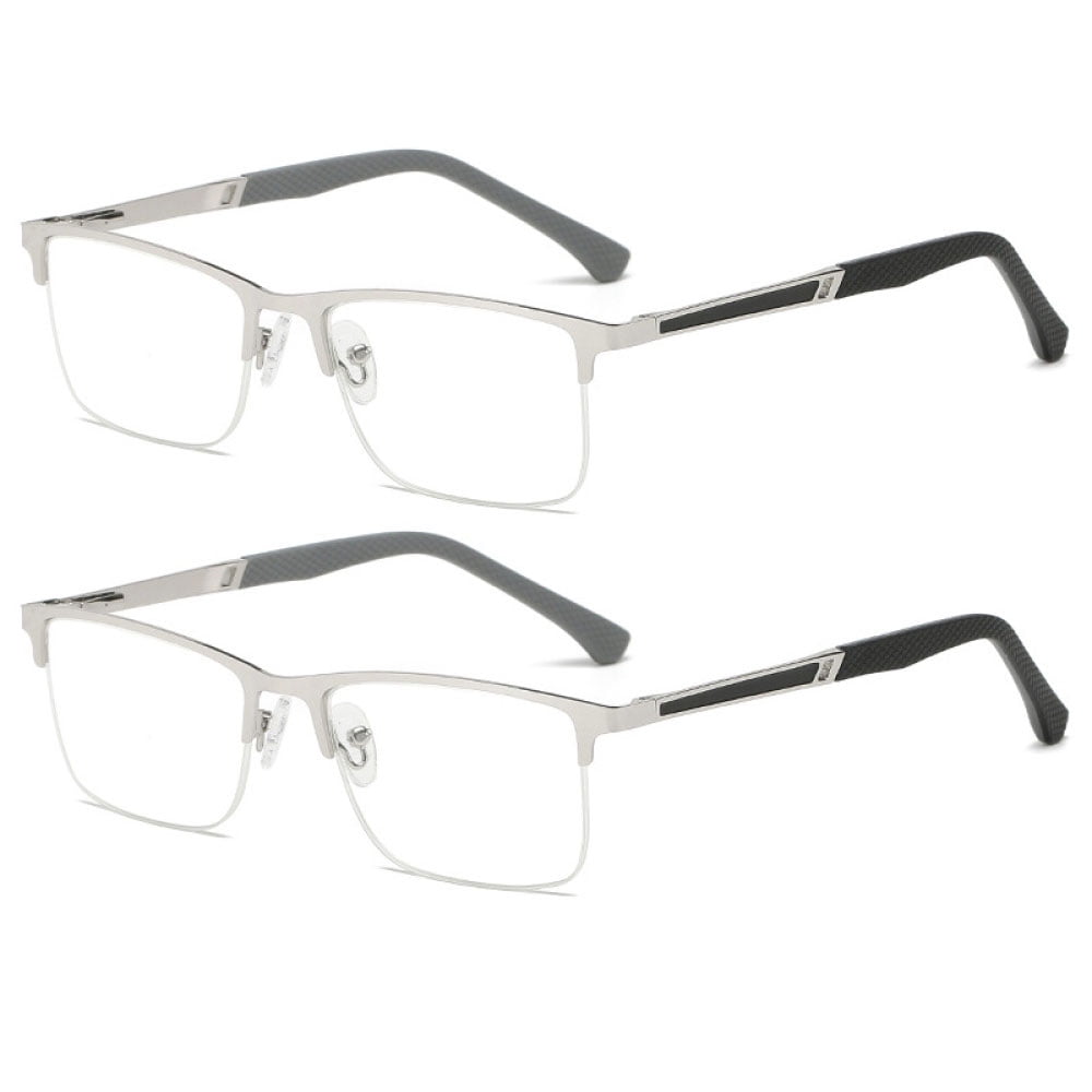 2 Pairs of Men Anti-blue Light Business Reading Glasses 4.00 Fashion Spring Hinge Silver Metal Readers +4.00 Strength