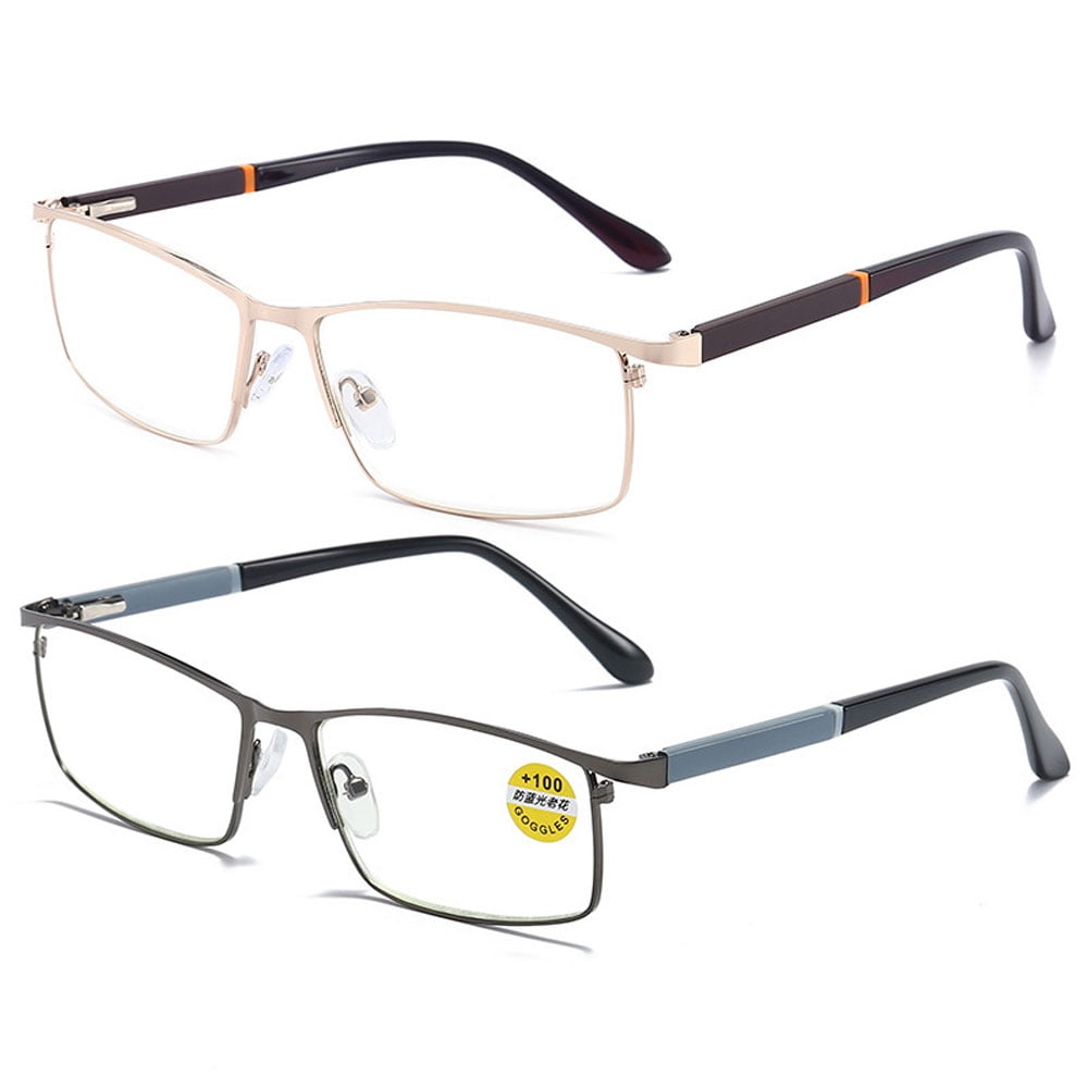 2 Pairs of Men Anti-blue light Reading Glasses 1.00 Metal Business Business Rectangular Spring Hinges Readers +1.0
