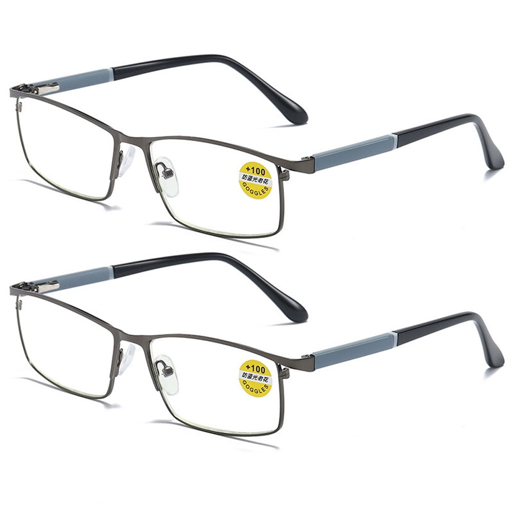 2 Pairs of Men Anti-blue light Reading Glasses 2.00 Metal Business Business Rectangular Spring Hinges Gunmetal Readers +2.0