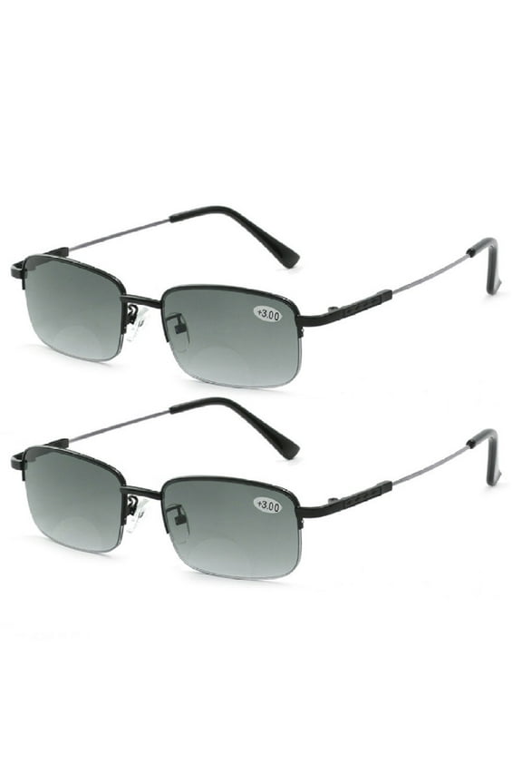 2 Pairs of Men Black Memory Titanium Alloy Bifocal Reading Glasses 4.00 Tinted Gray Sunglasses Half Rimless Flexible Readers +4.00 Strength