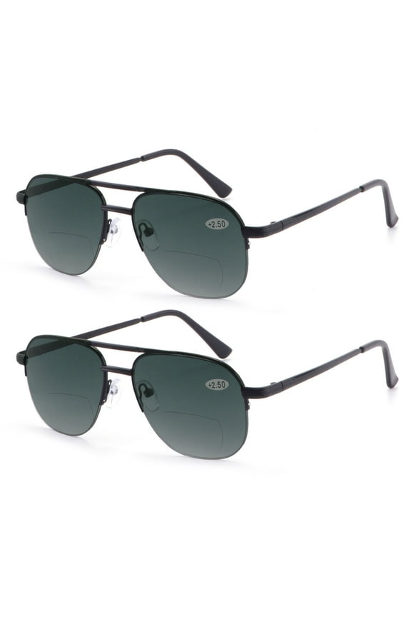2 Pairs of Men Oversized Bifocal Sunglasses Reading Glasses 2.50 Black Anti-Blue Light Fishing Readers + 2.50 Strength