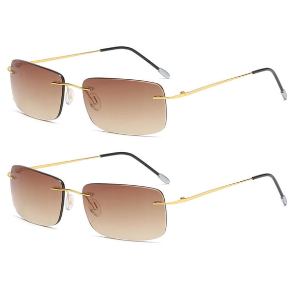 2 Pairs of Men Rimless Rimless BIFOCAL Sunglasses Rectangle Brown Reading Glasses 1.50 Oversized Metal Shades Readers +1.50 UV