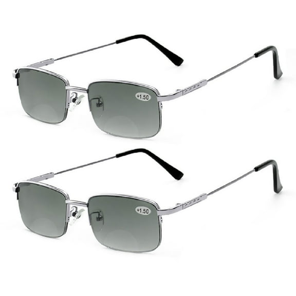 2 Pairs of Men Silver Memory Titanium Alloy Bifocal Reading Glasses 1.00 Tinted Gray Sunglasses Half Rimless Flexible Readers +1.00 Strength