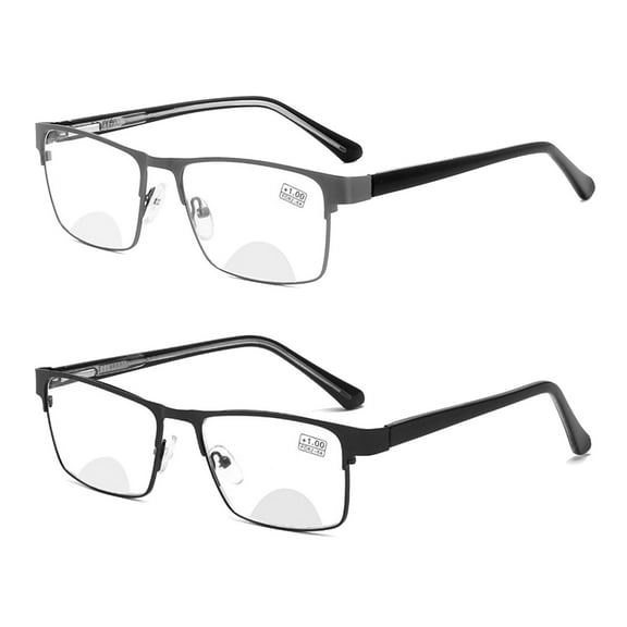 2 Pairs of Mens Classic BIFOCAL Reading Glasses, Stylish Square Spring Hinge Business Rectangle Metal Readers +3.50