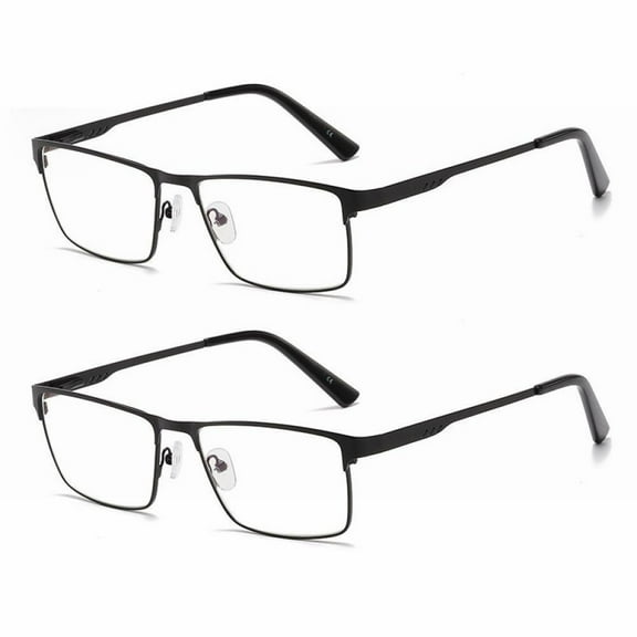 2 Pairs of Mens Classic Rectangle Reading Glasses +2.25, Metal Black Spring Hinges Classic HD Rimmed Readers 2.25