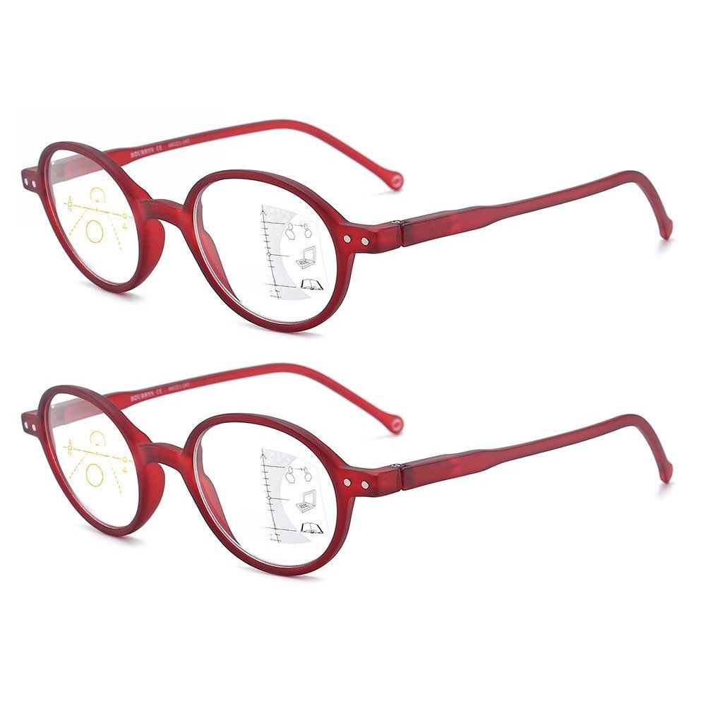 2 Pairs of New Anti-Blue Light Multifocal Round Reading Glasses For Women and Men Red Presbyopic Glasses Spring Hinge Progressive Readers +2.00