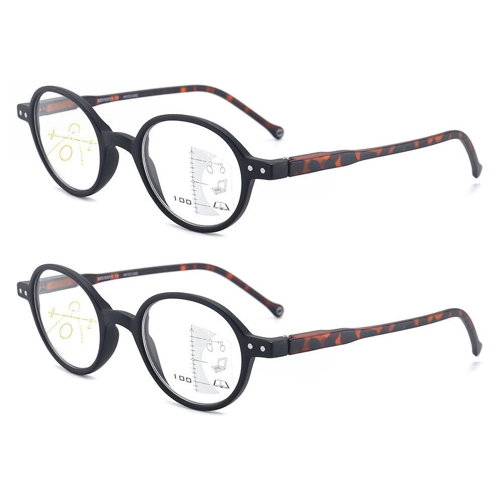 2 Pairs of New Anti-Blue Light Multifocal Round Reading Glasses For Women and Men Tortoise Presbyopic Glasses Spring Hinge Progressive Readers +2.50