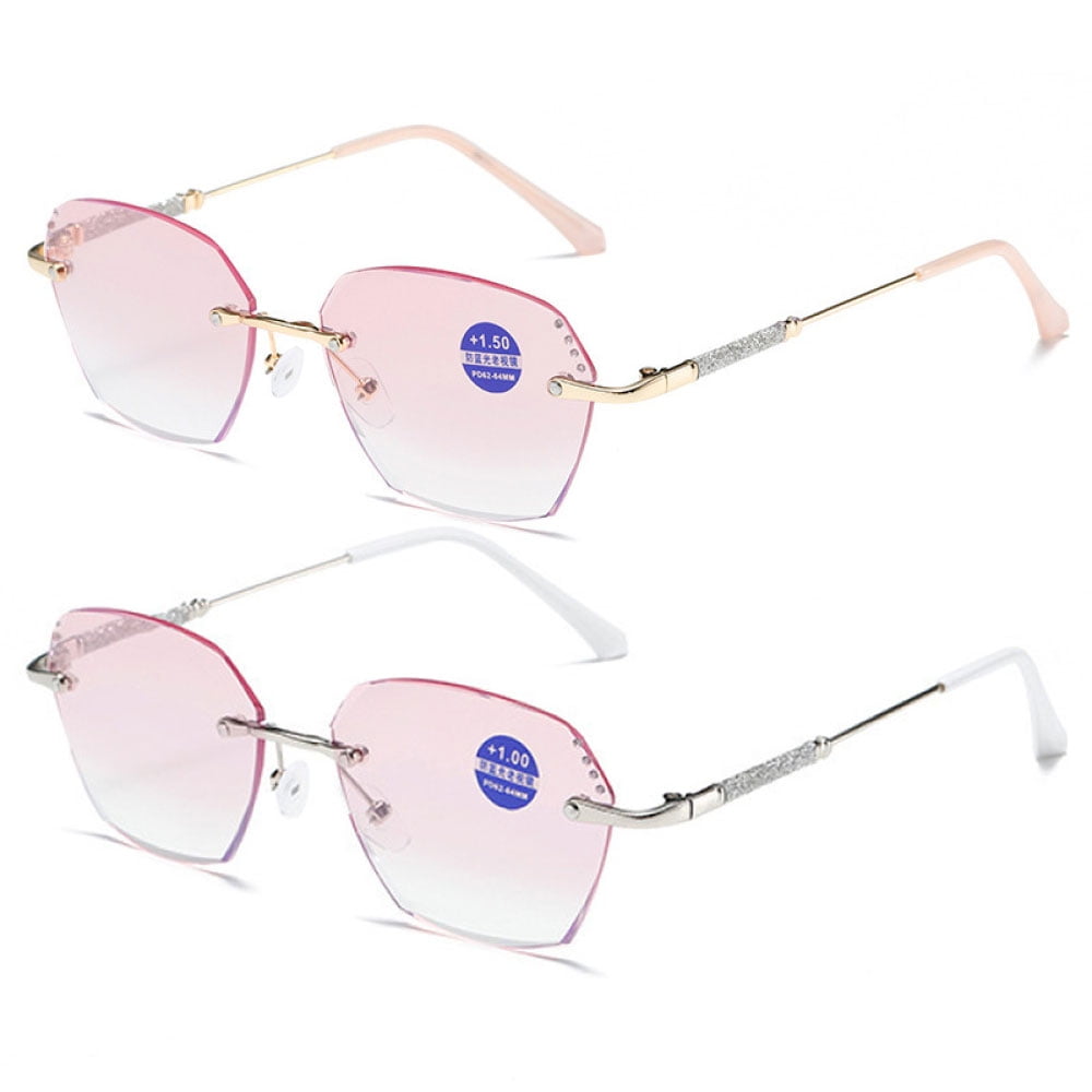 2 Pairs of New Rimless Diamond Trimming Anti-Blue Light Reading Glasses Fashion Metal Gradient Pink Sunglasses Readers +1.50