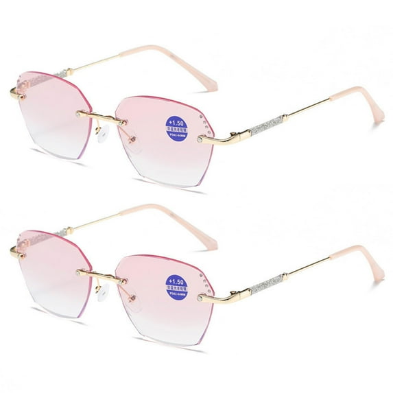 2 Pairs of New Rimless Diamond Trimming Gold Anti-Blue Light Reading Glasses Fashion Metal Gradient Pink Sunglasses Readers +1.00