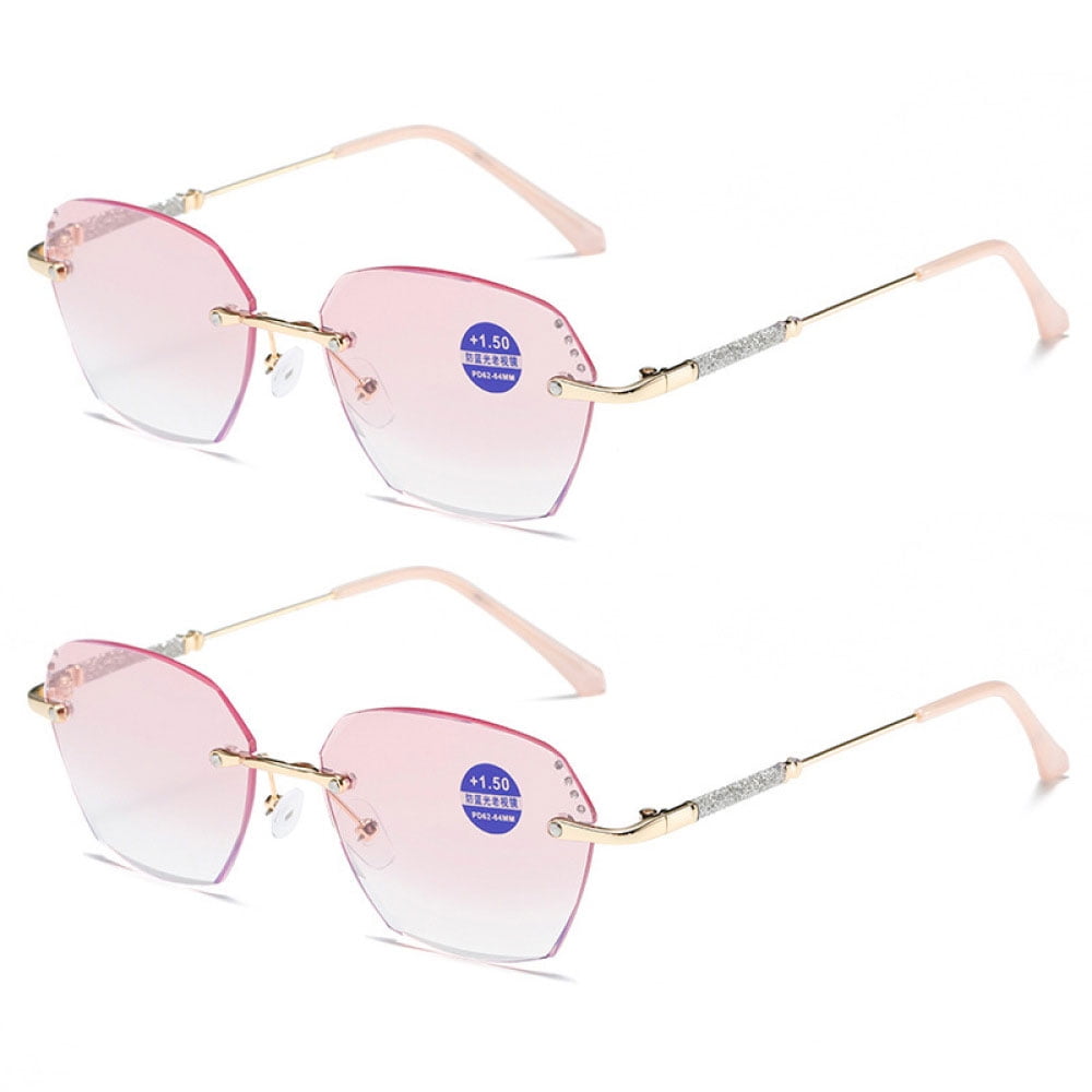 2 Pairs of New Rimless Diamond Trimming Gold Anti-Blue Light Reading Glasses Fashion Metal Gradient Pink Sunglasses Readers +2.50