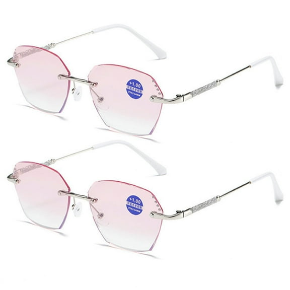 2 Pairs of New Rimless Diamond Trimming Silver Anti-Blue Light Reading Glasses Fashion Metal Gradient Pink Sunglasses Readers +1.00