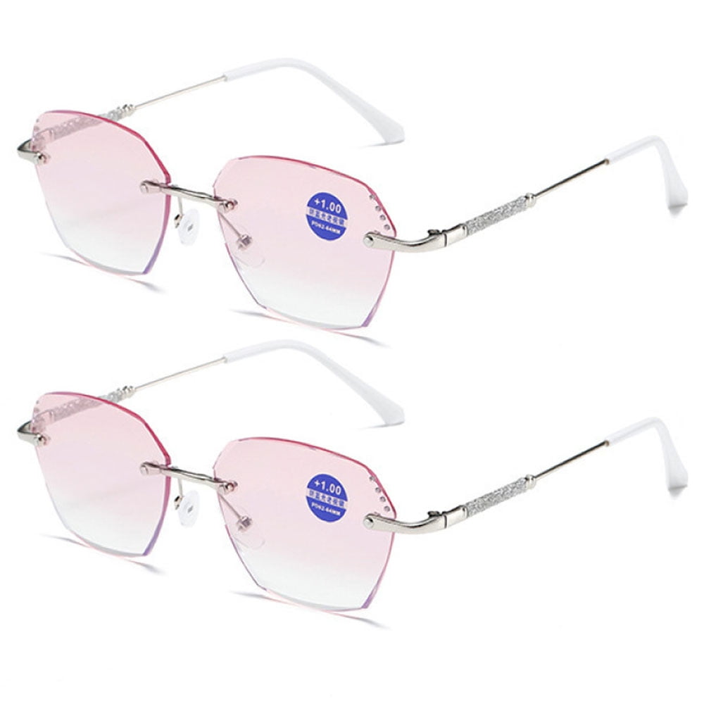 2 Pairs of New Rimless Diamond Trimming Silver Anti-Blue Light Reading Glasses Fashion Metal Gradient Pink Sunglasses Readers +3.50