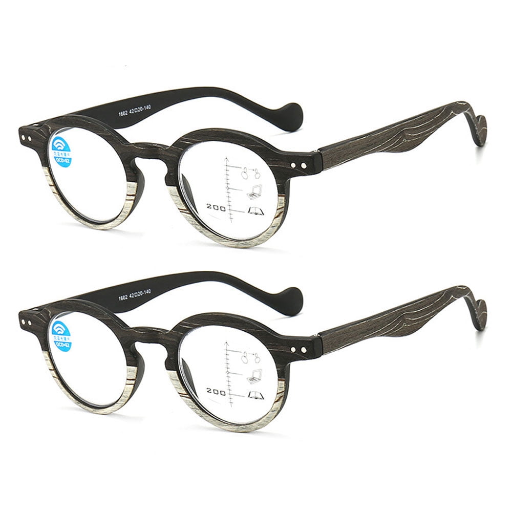 2 Pairs of Retro Black Wood Grain Progressive Multi-focus Reading Glasses 3.00 Round Anti-blue Light Spring Hinges Readers +3.00 Strength