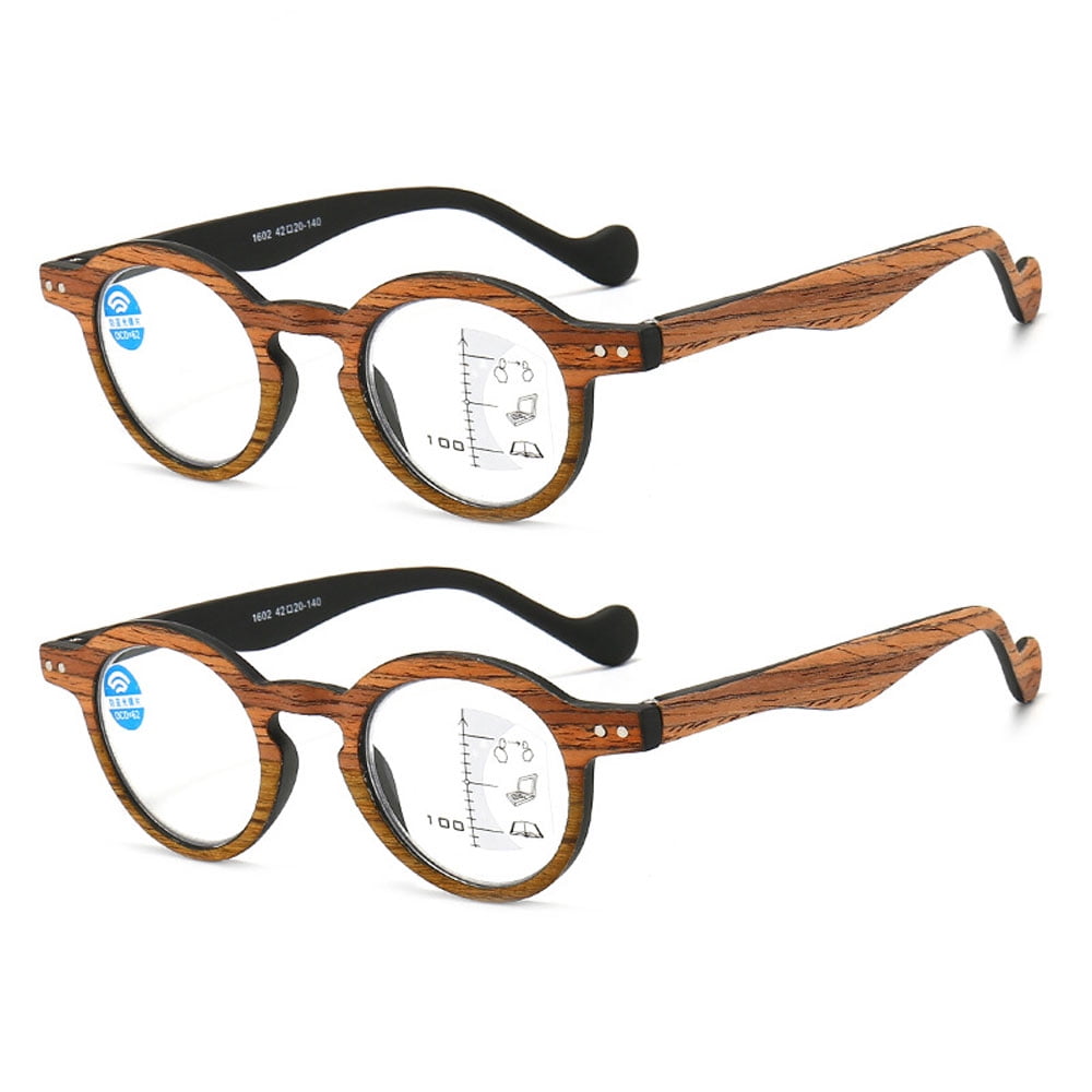 2 Pairs of Retro Brown Wood Grain Progressive Multi-focus Reading Glasses 1.00 Round Anti-blue Light Spring Hinges Readers +1.00 Strength