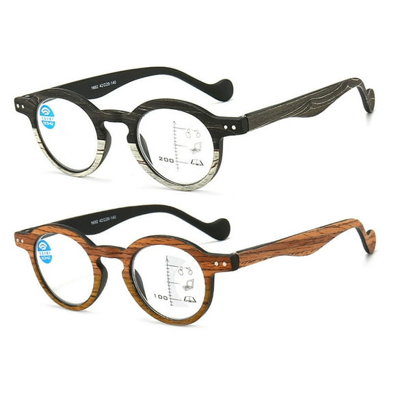 2 Pairs of Retro Wood Grain Progressive Multi-focus Reading Glasses 2.00 Round Anti-blue Light Spring Hinges Readers +2.00 Strength