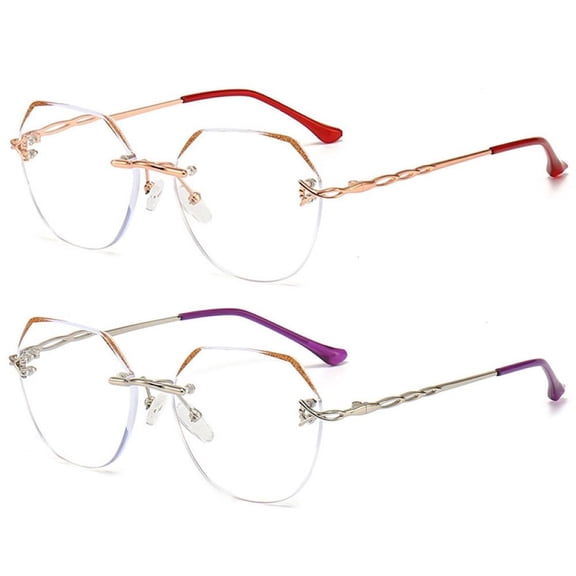 2 Pairs of Rimless Blue Light Blocking Reading Glasses for Women Metal Glitter Lens Polygon Fashion Readers +2.50