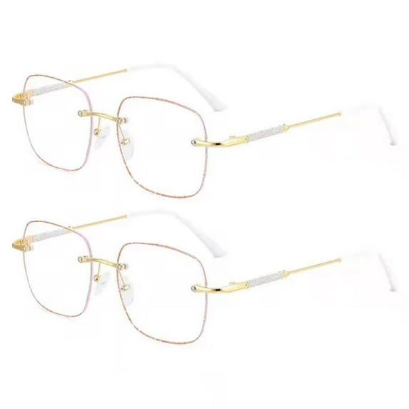 2 Pairs of Square Rimless Reading Glasses, Womens Blue Light Blocking Metal Gold Oversized Readers, Fashion Presbyopia Eyeglasses